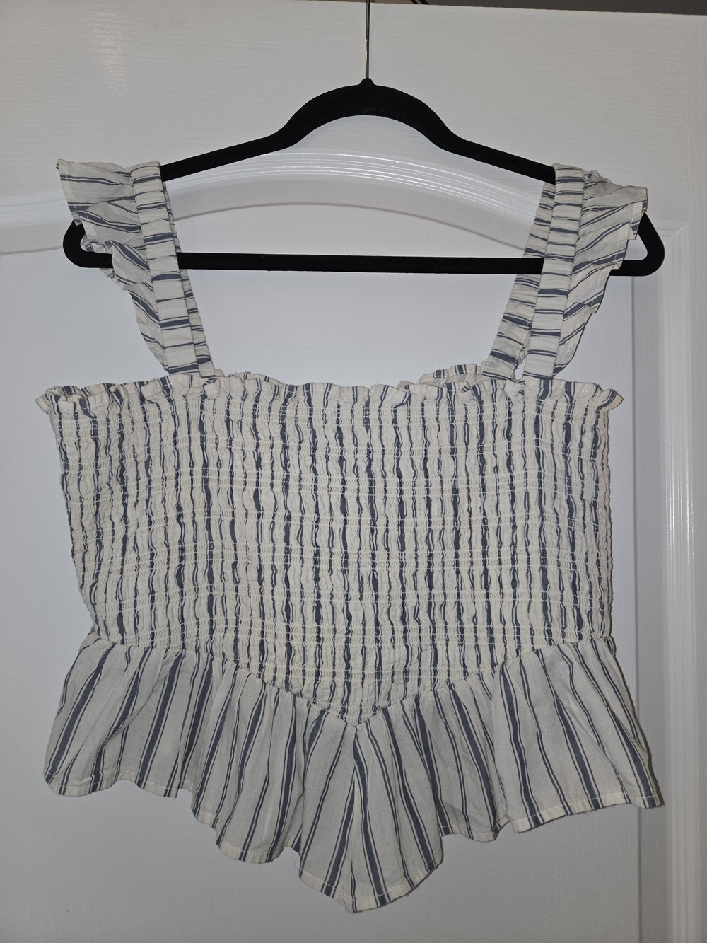 American Eagle Outfitters White and Navy Striped Smocked Ruffle Tank